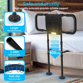 Eakertte Bed Rails for Elderly Adults Safety - Adjustable Bed Side Rails with Support Leg, Bed Cane with Storage Bag and Motion Sensor Light, Fits Queen, King, Twin, Full, Supports up to 400lbs