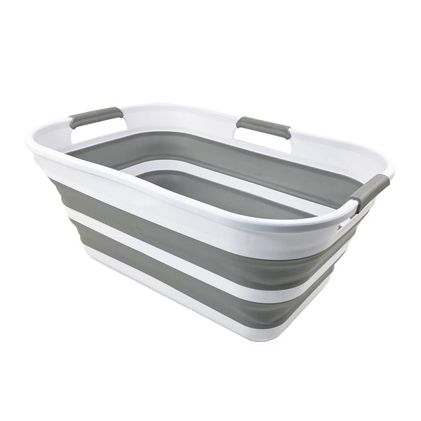 SAMMART 21L Collapsible Plastic Storge Basket - Foldable Pop Up Storage Container/Organizer - Portable Washing Tub - Space Saving Hamper/Basket (White/Grey)