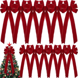Yinkin 12 Pcs 10"x 26" Extra Large Christmas Bows Bulk Snowflake Wreaths Bow with Golden Handmade Velvet Wired Red Ribbon Bows for Xmas Tree Topper Winter Party Indoor Outdoor Supplies (Wine Red)
