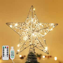 Lewondr Christmas Star Tree Topper, USB Powered Remote Controlled 11 Inch Christmas Tree Topper Beaded Star Light, 6H Timer Christmas Tree Star Topper for Xmas Tree Home Holiday Party Decor, Silver