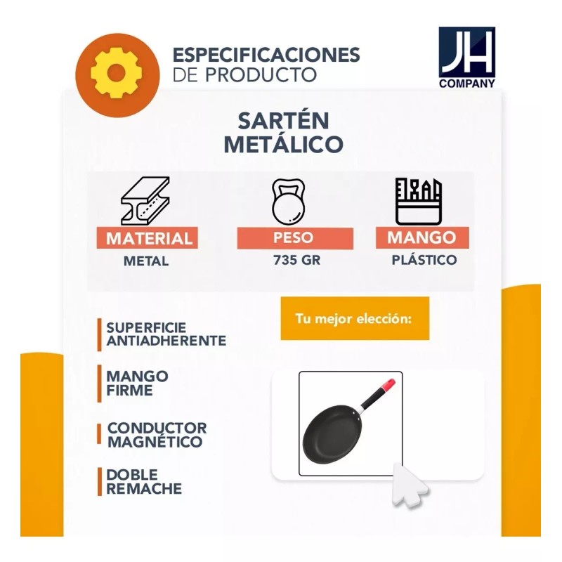 J.H. Company Sarten Antiadherente 27 Cm Hierro Chef Para Cocina