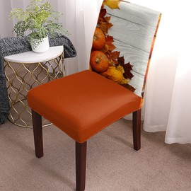Fall Chair Covers Set of 4 Thanksgiving Chair Covers for Dining Chairs Orange Pumpkin Maple Leaf Vintage Farm Wooden Plank Stretch Removable Chair Slipcovers for Dining Room Kitchen Holiday Party