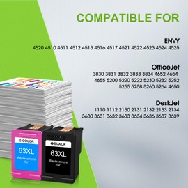 63XL Ink Cartridge Replacement for HP Ink 63 XL 63 Combo Pack Work with DeskJet 1110 2130 3630 Series Envy 4510 4520 OfficeJet 3830 4650 5220 (1 Black, 1 Color)