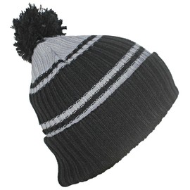 Best Winter Hats Quality Striped Beanie with Solid Cuff & Matching Pom - Black/Gray