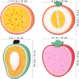 JCZD 4 Pack Shower Sponge, Cute Fruit Shaped Bath Sponge Bath Brushes Sponges Scrubbers Bathing Tools-Multicolor
