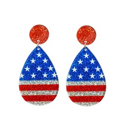 2025 4th of July American Patriotic Acrylic Earrings for Women Glitter Red White Blue Leaf Teardrop Stud Earrings Lightweight Independence Holiday Memorial Day Dangle Earring-Teardrop