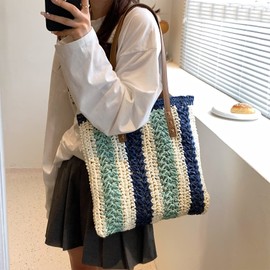 Striped Straw Tote Bags For Women, Summer Straw Purse Beach Woven Purses Vacation Large Summer Handbags Shoulder Bag (blue stripes)
