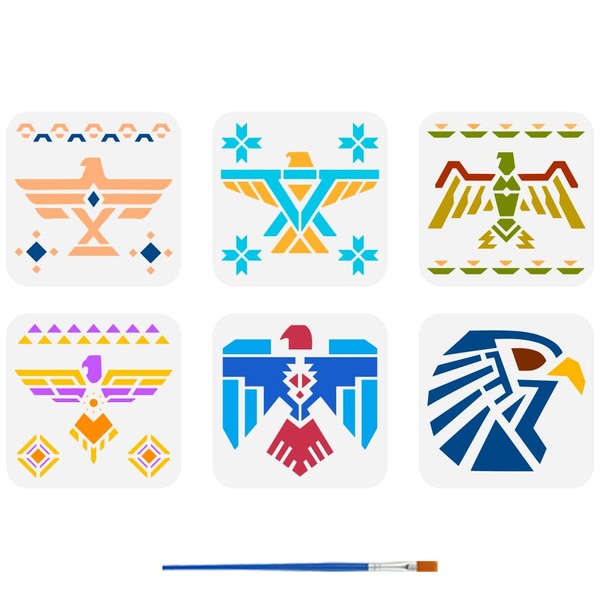 FINGERINSPIRE 6Pcs Aztec Eagle Painting Template with Brush 15x15cm Symbols