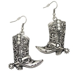 RechicGu Vintage Silver Western West Cowgirl Texas Boots Spur Dangle Drop Earrings Rodeo Boho Fancy Dress Costume