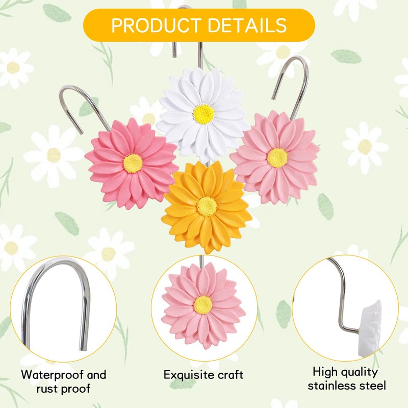CTOHN 12-Piece Flowers Shower Curtain Hooks, Daisy Floral Stainless Steel
