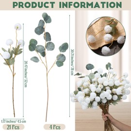 Tigeen 105 Heads 20.5" Faux Kiku Flowers with 26.8" Eucalyptus Branches Artificial Silk Pompon Mum with Stems Chrysanthemum Flowers for DIY Bouquet Wedding Arrangements Centerpiece(White, Green)