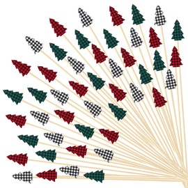 JarThenaAMCS 300Pcs Christmas Tree Cocktail Picks 3 Designs Plaid Food Toothpicks Red Green Black Long Appetizer Skewers for Xmas Winter Fruit Drink Dessert Party Supplies