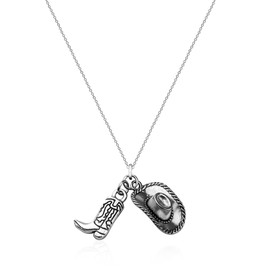 Just Follow Cowboy Boot Necklace Western Jewelry Charm Cowgirl Cowboy Hat Pendant Necklace Cool Man Woman Necklace Jewelry Gift for Women (Silver)