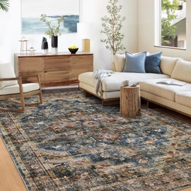 GarveeHome Area Rug 9x12 Washable Living Room Rug Vintage Indoor Large Floor Cover Retro Accent Mat Distressed Floral Non Slip Thin Carpet for Bedroom Kitchen Dining Room Office (Blue/Brown)