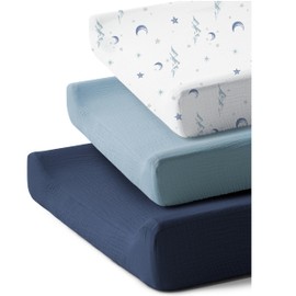 Coreeky 3 Pack Muslin Cotton Changing Pad Covers for Girl, Boy, 100% Soft Changing Table Cover, Breathable Baby Nursery Diaper Chang Pad Sheets (Nightfall Blue)