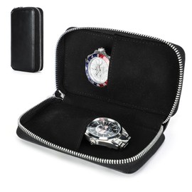 CONTACT'S FAMILY Watch Storage Case, Leather Watch Pouch, Genuine Leather Portable Watch Protective Pouch with 2 Watch Holders(Black)
