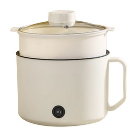 Electric Cooker Pot Rapid Heating Multi Functional Anti Stick Mini Electric Noodles Hot Pot for Students Dorm 1.8L 300W/600W Beige + Steaming Basket