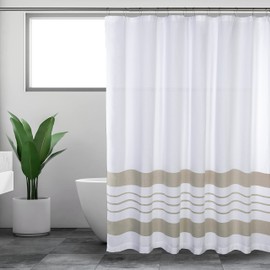 White Shower Curtain for Bathroom, Fabric Shower Curtains, 72x72 in, Farmhouse, Boho, White and Tan Striped Woven