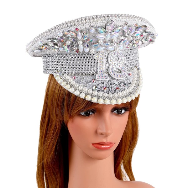 VIESSLG Handmade Symphony Stunning Bride Hat Diamond Sequin Captain Hat for Wedding Birthday Anniversary Hen Party (Color : AB Color, Size : 18th)