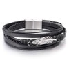 COOLSTEELANDBEYOND Stainless Steel Feather Multi-Strand Black Braided Leather Bracelet Bangle