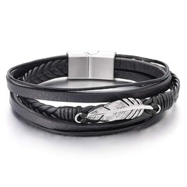 COOLSTEELANDBEYOND Stainless Steel Feather Multi-Strand Black Braided Leather Bracelet Bangle for Men Women, 20.5 cm, Leather, Non-applicable