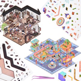 2 Sets 3D Fun Large Size House Sticker Scenes with Tweezers Make Your Own Rabbit Inn Town Scene Stickers DIY Cute Micro Animal Room Stickers for Relief Stress Pass The Time