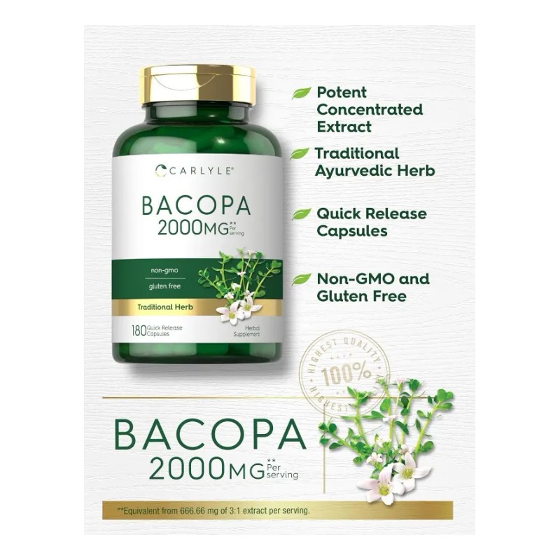 Bacopa Monnieri 2000 Mg Suplemento Sin Gluten 180 Capsulas Sabor