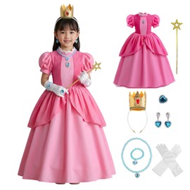 Alaiyaki Princess Cosplay, Kids, Princess Dress, Costume, Crown, Gloves, Magic Wand, Accessories, 8-Piece Set, Princess, Costume, Kids, Girls, Halloween, Birthday, Party, Recital, Performance, School