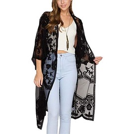 FSMO Women's Cardigan Long Dress Lace Flowers Summer Kimono Pareo Bikini Cover Up Lightweight Jacket Beach Dress (One Size, Black)