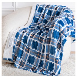 Heated Blanket Electric Throw, Heating Throw with 8 Hours Auto Off & 8 Fast Heating Levels, Blue White Plaid Checkered Sherpa Blanket Warmer for Adults, Washable Blanket Gift for Couch Bed (50x60 in)