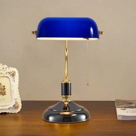 Yeefamons Traditional Bankers Lamp, Handmade Emerald Blue Glass Shade,with Pull Chain Switch Plug in Fixture,Vintage Office Table Light, Antique Style Desk Lamps for Office, Library