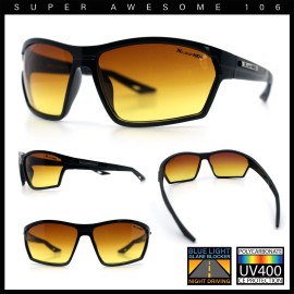 Xloop Mens HD+ Night Driving Amber Lens Wrap Around Sport Plastic Sunglasses - Shiny Black
