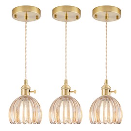 Vintage Glass Pendant Light 3 Pack, Adjustable Pendant Lights Kitchen Island with Amber Tulip Glass Lampshade, Gold Pendant Light Fixtures for Kitchen Island Bedroom Dining Room Hallway