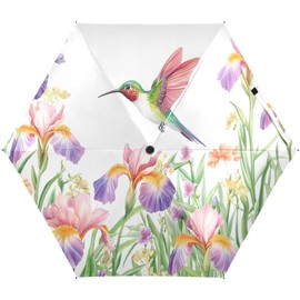 JHKKU Hummingbird Flowers Watercolor Mini Travel Umbrella, Small Compact Portable Umbrella for Sun and Rain, Windproof Parasol with 95% UV Protection for Kids Women