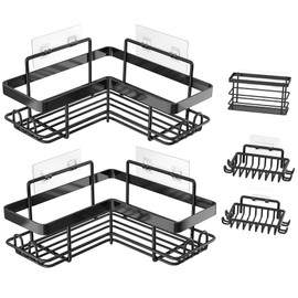Moforoco 5-Pack Shower Caddy, L-Shaped, 10.2in Diameter, 90-Degree Right Angle, Rustproof, Easy Installation, 12 Hooks, Soap Holder, Adhesive Corner Shower Organizer, Black