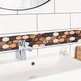 HOMETITUTE Wallpaper Border Peel and Stick Wall Border Wood Hex Mosaic Decorative Wall Trim Self Adhesive Border for Walls Mirror Frame Accent Strip for Bedroom Bathroom Kitchen Living Room 4x196 Inch