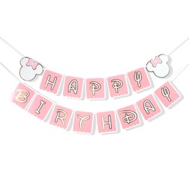 Banner de feliz cumpleaños de mouse rosa, decoración de cumpleaños de Minnie Mouse, pancarta de primer cumpleaños, decoración de mouse, pancarta de cumpleaños temática rosa para niñas, fiestas de