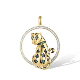 Santuzza 925 Sterling Silver Looking Back Golden Leopard Pendant Green Spinel Cubic Zirconia Panther Pendant for Women