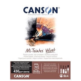 CANSON Mi-Teintes Velvet Pastel Paper, Velvety Surface, 430 g/m², Glued on Short Side Pad, 24 x 32 cm, Black, 12 Sheets