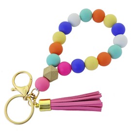 AkiliBIELY Rainbow Silicone Beads Wristlet Keychain for Women Leather Tassels Beaded Bracelet Key Chain for Work Wallet Car Motorcycle Cute Keychains Cool Accessories Keys Chains