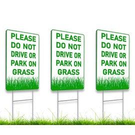 12х8 inch 3X Please Do Not Drive Or Park On Grass Double Sided Plastic Signs with Metal Wire H-Stakes - Stay Off Lawn Sign - No Parking on Grass - No Parking Private Driveway - Keep Off The Yard Sign