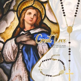 Flongo Women's Catholic Rosary Bracelet Necklace: 2-Piece Set Stainless Steel Cross Pendant Pearl Beaded Rosary Bracelet Necklace Classic Virgin Mary Bracelet Necklace Gold