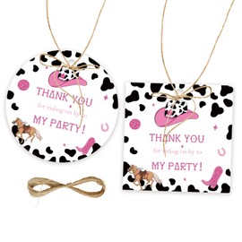 50pcs Cowgirl Thank You Tags, Little Cowgirl Gift Tag with String for Western Birthday Party, Cowgirl Round Thank You Paper Tags for Girl Birthday/Gender Reveal Party Favors