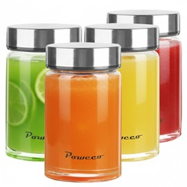 poweco Glass Juice Bottles 4 Pack 10 oz - Wide Mouth Glass Water Bottles with Lids - for Juicing, Protein, Smoothie, Milk, Reusable, BPA Free, Stainless Steel Lids, Blender, Shaker Bottle (300ml)