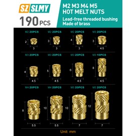 190 Pcs Threaded Inserts for Plastic, Heat Set Insertss, M2 M3 M4 M5 Thread Inserts for Plastic, Threaded Insert Nuts, Brass Metric Knurled Nuts for 3D Printing Components 3D Printer Parts