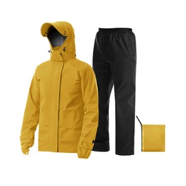 iCreek Rain Suit Waterproof Jacket with Pants 2 Pieces Breathable Lightweight Packable Raincoat with Hooded Rain Gear Unisex（3XL, Yellow）