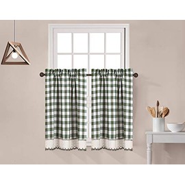 Decotex 2 Piece Buffalo Check Plaid Gingham Crochet Lace Trimmed Window Curtain Tier Panel Set (29" W X 24" L, Sage/Beige)