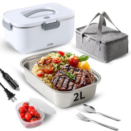 Meng Ke'en Electric Lunch Box 80W/2L Detachable Stainless Steel Container 12V/24V/110V Electric Lunch Box Portable Food Warmer (White Single Compartment)