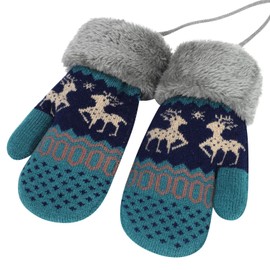 Kids Winter Thermal Gloves with String Toddler Fleece Lined Mittens Children Thick Warm Full Finger Mittens Child Windproof Snow Ski Gloves Cute Cartoon Deer Gloves for Boys Girls Age 2-12 Xmas Gift