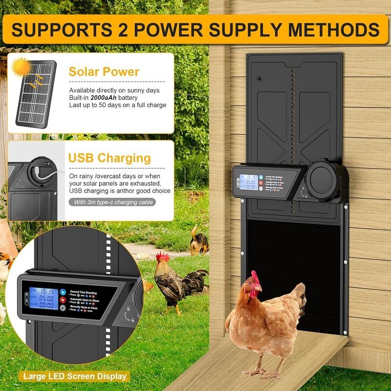 Solar Powered Automatic Chicken Coop Door, LCD Display Chicken Coop